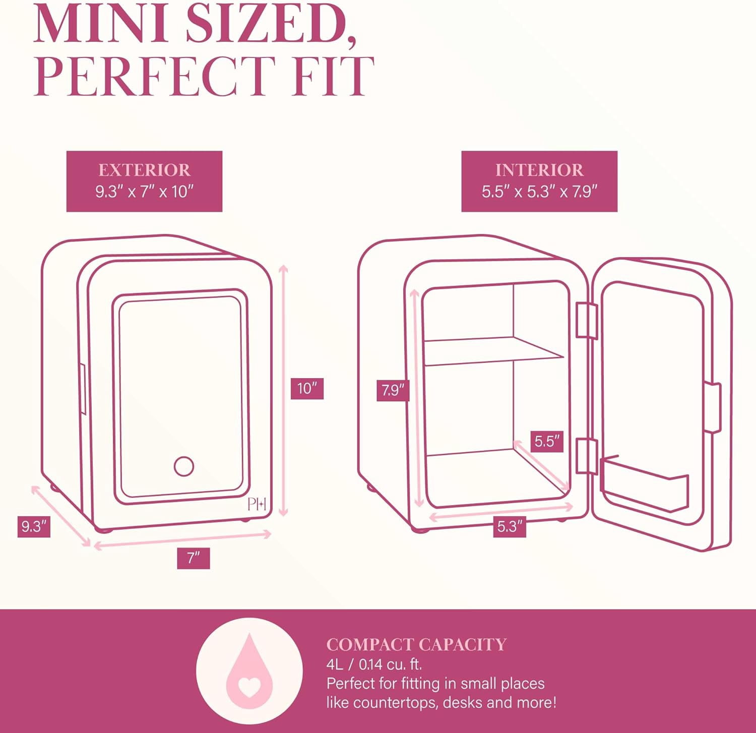 Paris Hilton Mini Refrigerator and Personal Beauty Fridge, Mirrored Door with Dimmable LED Light, Thermoelectric Cooling and Warming Function for All Cosmetics and Skincare Needs, 4-Liter, White