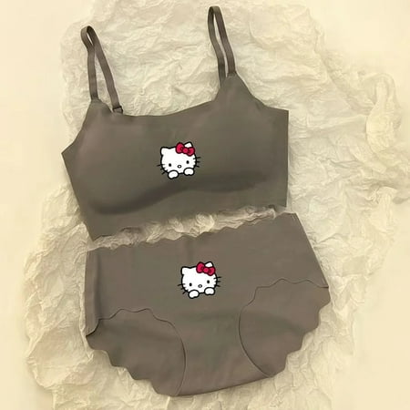 ChunLiang Sanrio Hello Kitty 2 Pcs Cute Bra & Brief Sets of Ice Silk Underwear for Women with Wire Free Bra Set Kawaii Suspender LingerieChunLiang