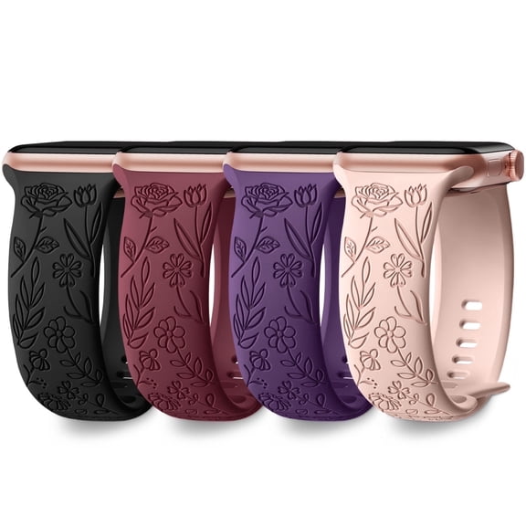 Comvin Floral Engraved Compatible With Apple Watch Bands 40mm 41mm 38mm 42mm 45mm 44mm 49mm for Women Lady, 4 Pack Cute Fancy Bands Fits For iWatch Ultra Series 11 10 9 8 7 6 5 4 3 SE