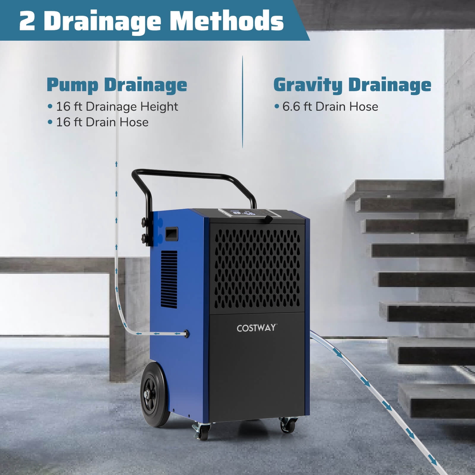 Costway 49-Pint(DOE) Commercial Dehumidifier with Pump Drain Hoses for Basements Job Sites 7,500 Sq.ft Coverage Area (MAX 154Pint at 95°F, 90%RH)