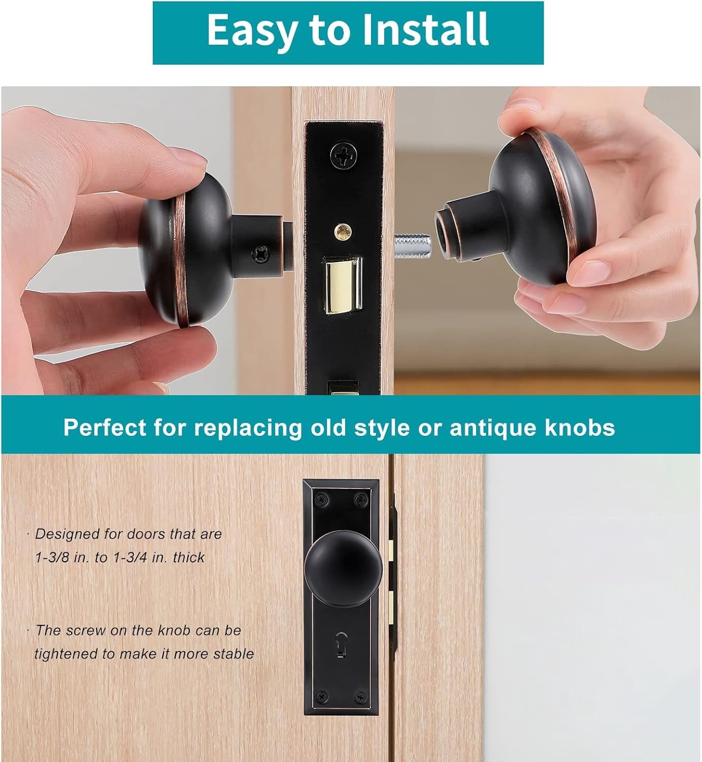 2 Pack Vintage Style Door Knob Set with Spindle, Antique Old Door Knobs Replacement Set for Mortise Lock Interior Doors, Oil Rubbed Bronze