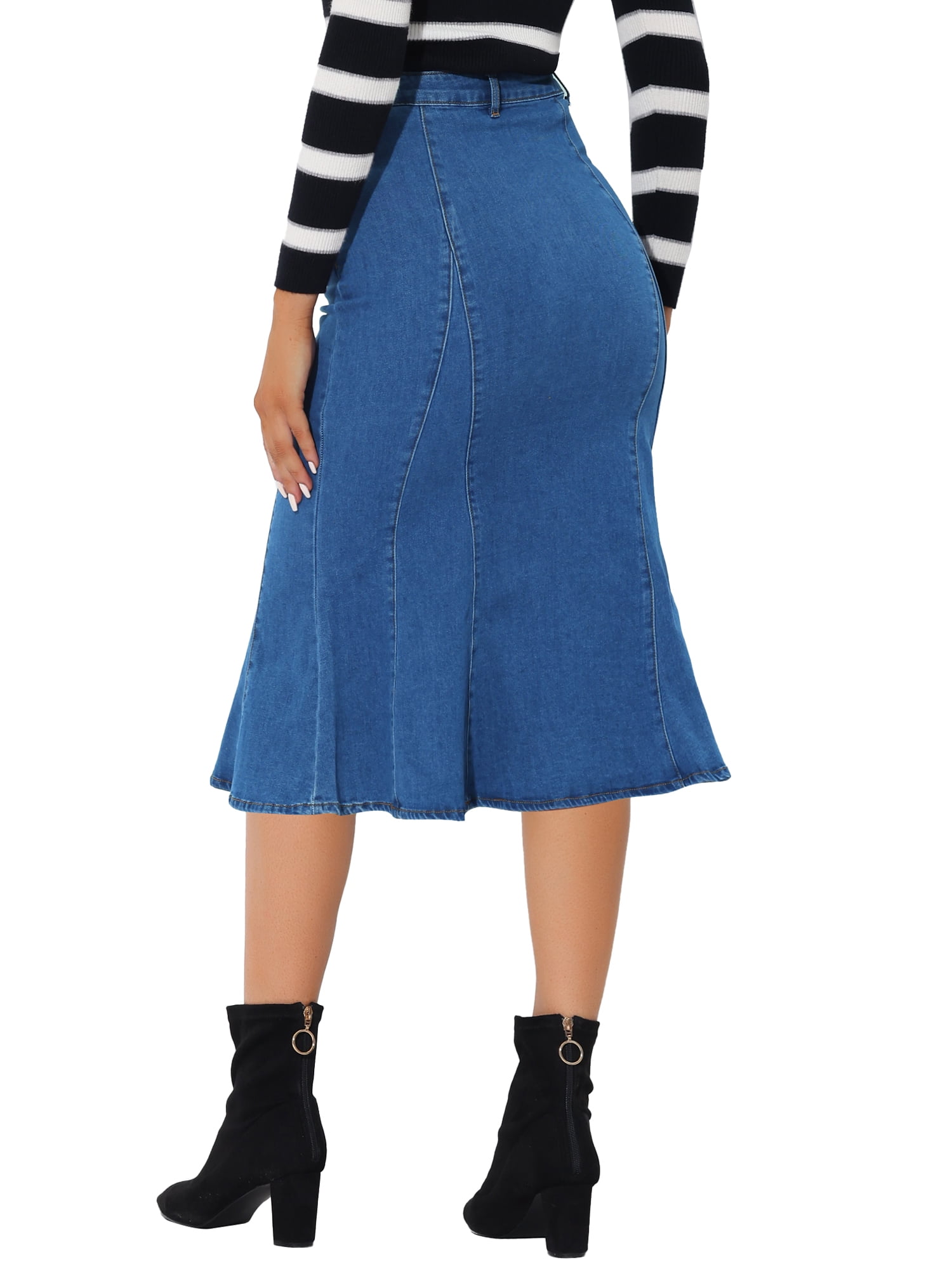 DARING DIVA Women's Denim Ruffle Fishtail Bodycon Midi Skirts L Blue