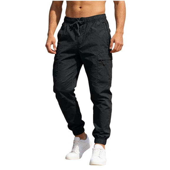 hlysgo Cargo Pant for Men Drawstring Waist Big and Tall Pant Outdoor Hiking Althletic Trousers with Pockets Black,XL