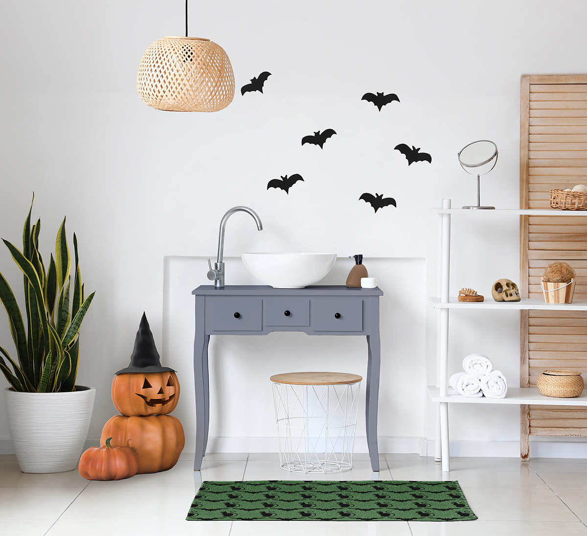 Simply Daisy Cats and Bats Sage Halloween Chenille Area Rug, 2' x 3'