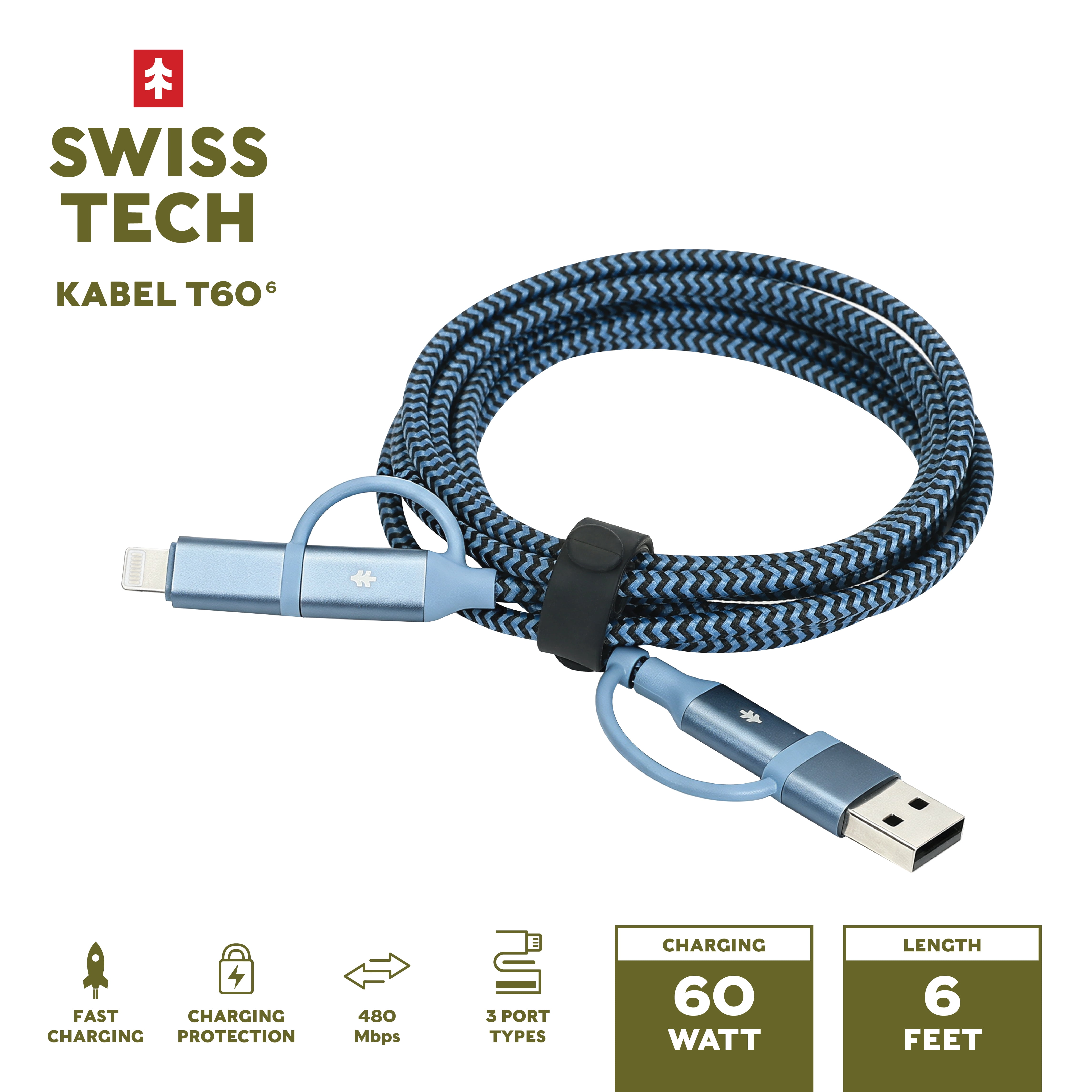 Swiss Tech Kabel T60 6 ft 60W 4-in-2 USB-C to USB-C/Lightning Charging Cable, Cresta Blue