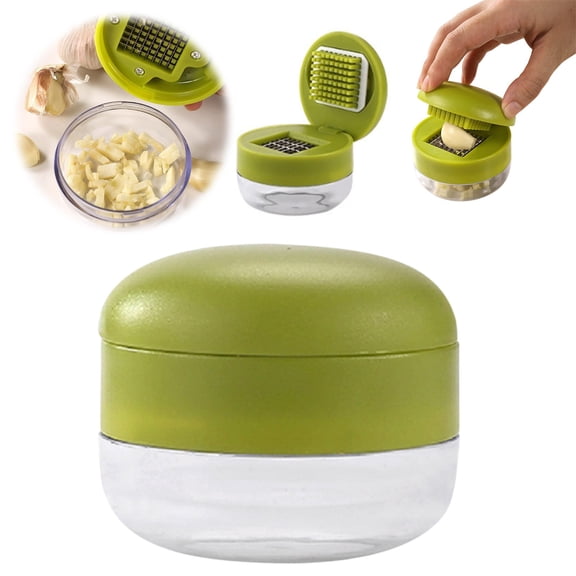 CoreLiving Garlic Press Chopper Container, Stainless Steel Blades Green Mini Garlic Chopper Cutter Dicer Mincer, Easy Clean Storage, Kitchen Gadget for Cooking, Slicing Dicing Vegetables Herbs