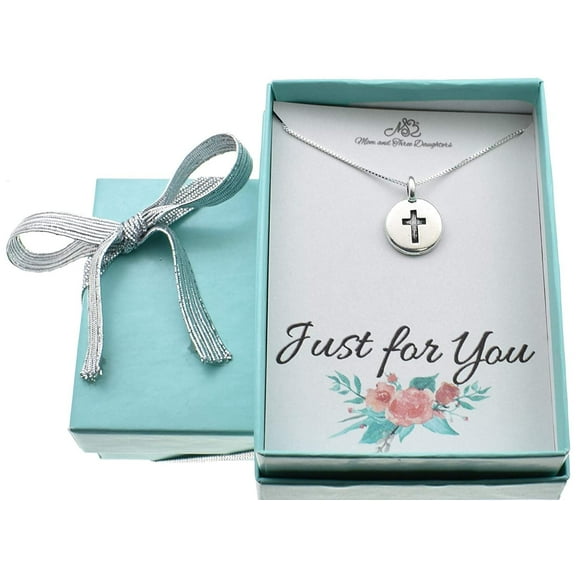 Womens Cross Necklace in Silver Plated Pewter on an 18 Inch Sterling Silver Box Chain. Pewter Cross. First Communion. Confirmation.
