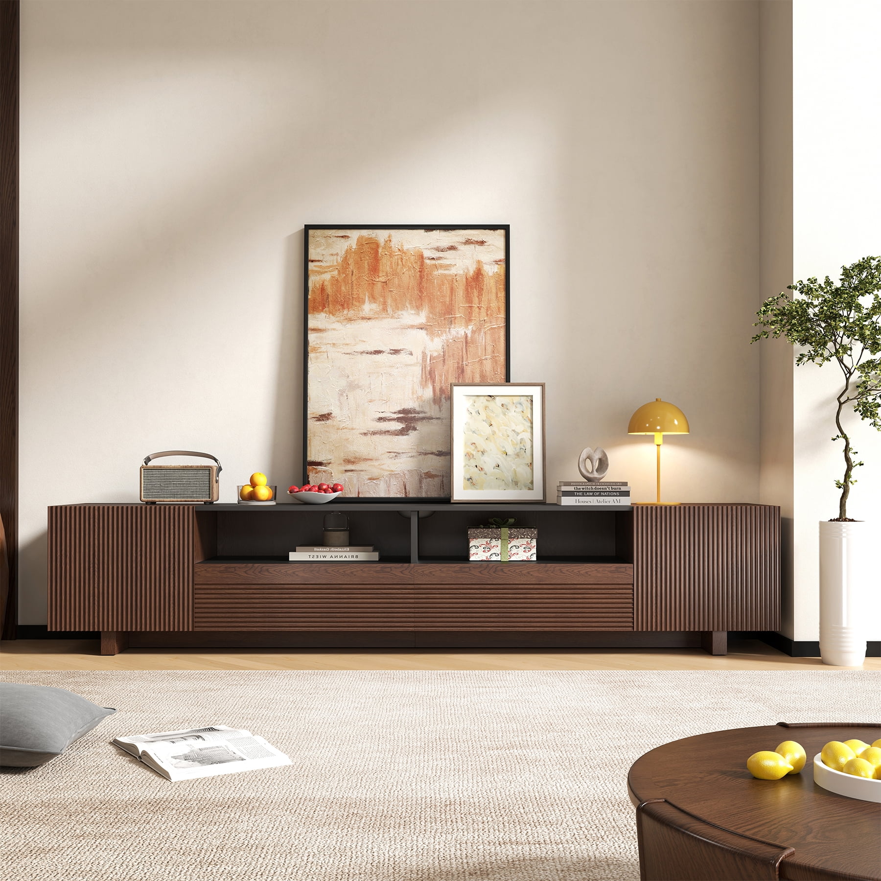 78.8 Inch TV Stand with Storage Cabinets for Living Room, TVs Media Console Entertainment Center with Drawers, Wood Fluted Television Stands with Open Shelves for Bedroom, Dark Brown Walnut