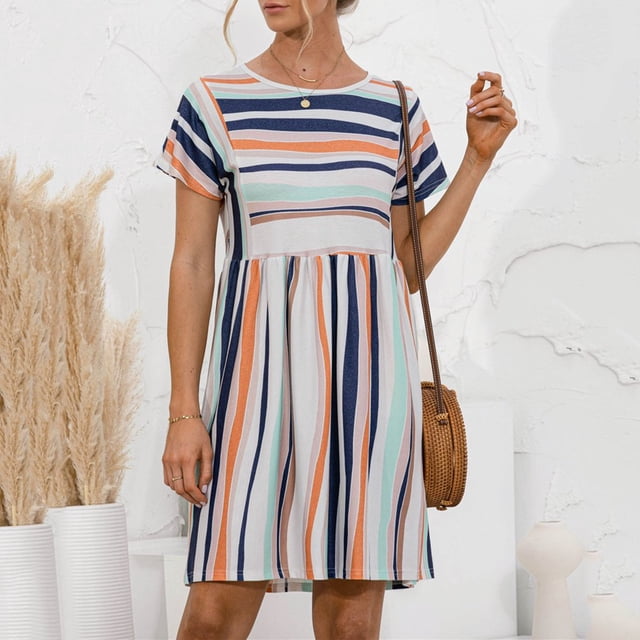 EIMELI Robe Décontractée pour Femmes Robe d'Été Col Rond Rayée à Boutons Mini Robe Décontractée Vêtements pour Femmes G Bleu