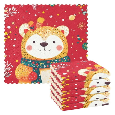 

6 Pieces of Kitchen Towels 11x11Inch Kitchen Dish Cloths Kitchen Dish Towels Reuseable Cleaning Cloths Cute Red Christmas Bear