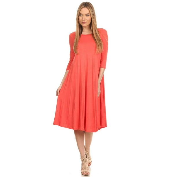 Moa Collection Women's 3/4 sleeves solid midi dress