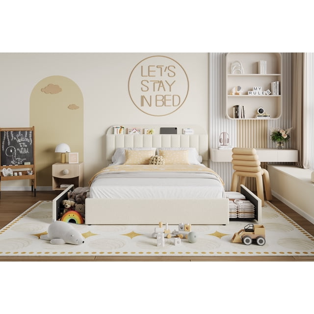 Bed Frame with 2 Storage Drawers, Kids Bedframe with Storage Headboard, Upholstered Bed Frame, No Box Spring Needed