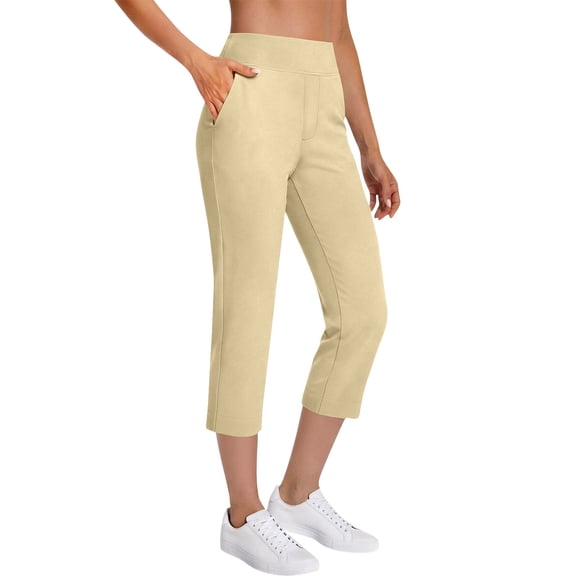 Maqroz Womens Capri Pants High Waisted Stretch Straight Leg Casual Golf Pants with Pockets Lightweight Breathable Cropped Trousers for Summer Travel Workout
