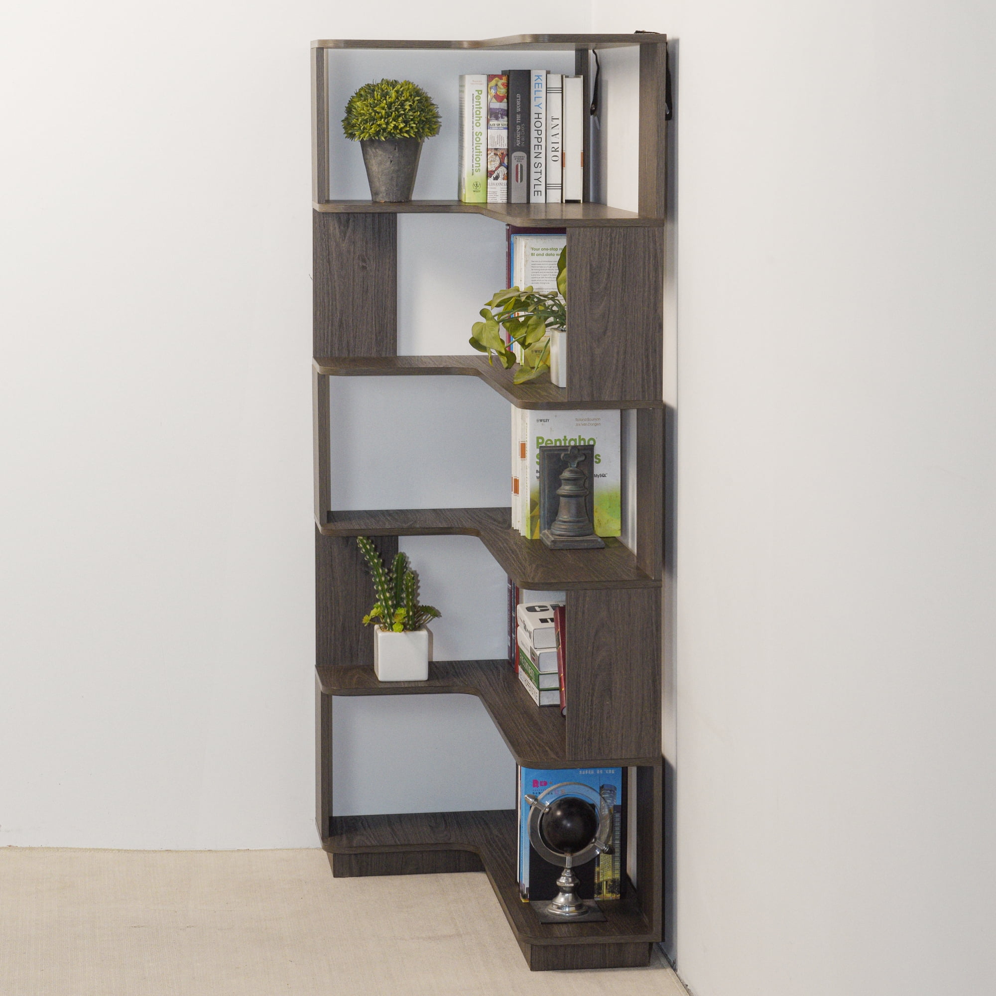 Leumius 5 Tier Freestanding L-Shaped Corner Bookshelf,Wooden Bookcase with Anti-drop Panel and Anti Tipping Device, Display shelf Open Storage,Dark Brown