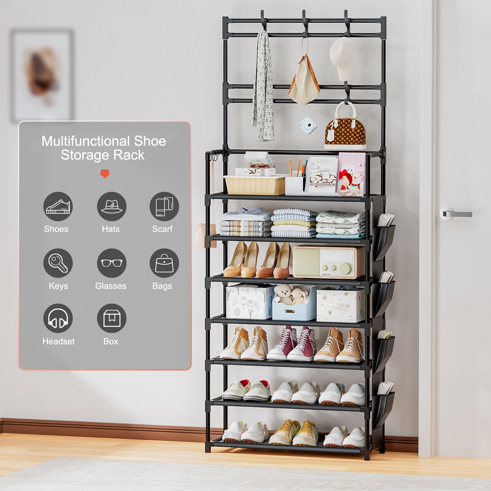Shoe Rack 7 Tier Organizer Storage 21-28 Pairs Closet Shoes For Front Door Entrance With Hooks Side Pocket Entryway Large Capacity Shelf Tower Garage
