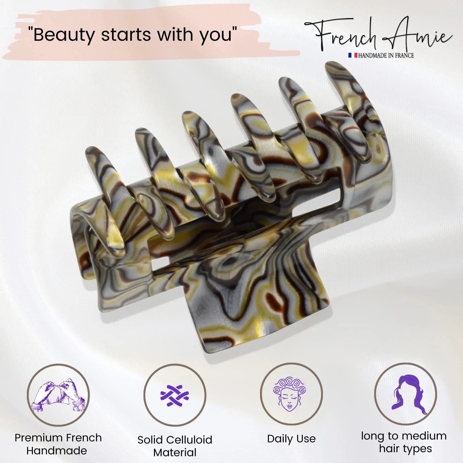 French Amie Geo Medium 3 1/4" Celluloid Handmade Jaw Hair Claw Clip for Women