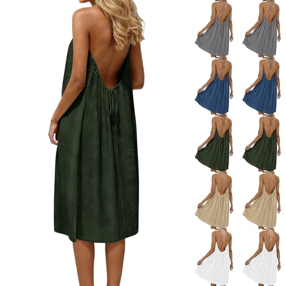 Lcziwo Halter Backless Dress for Women Tie Back Solid Loose Cami Midi Dress Summer Beach Vacation Sundress 2026 White,XXL
