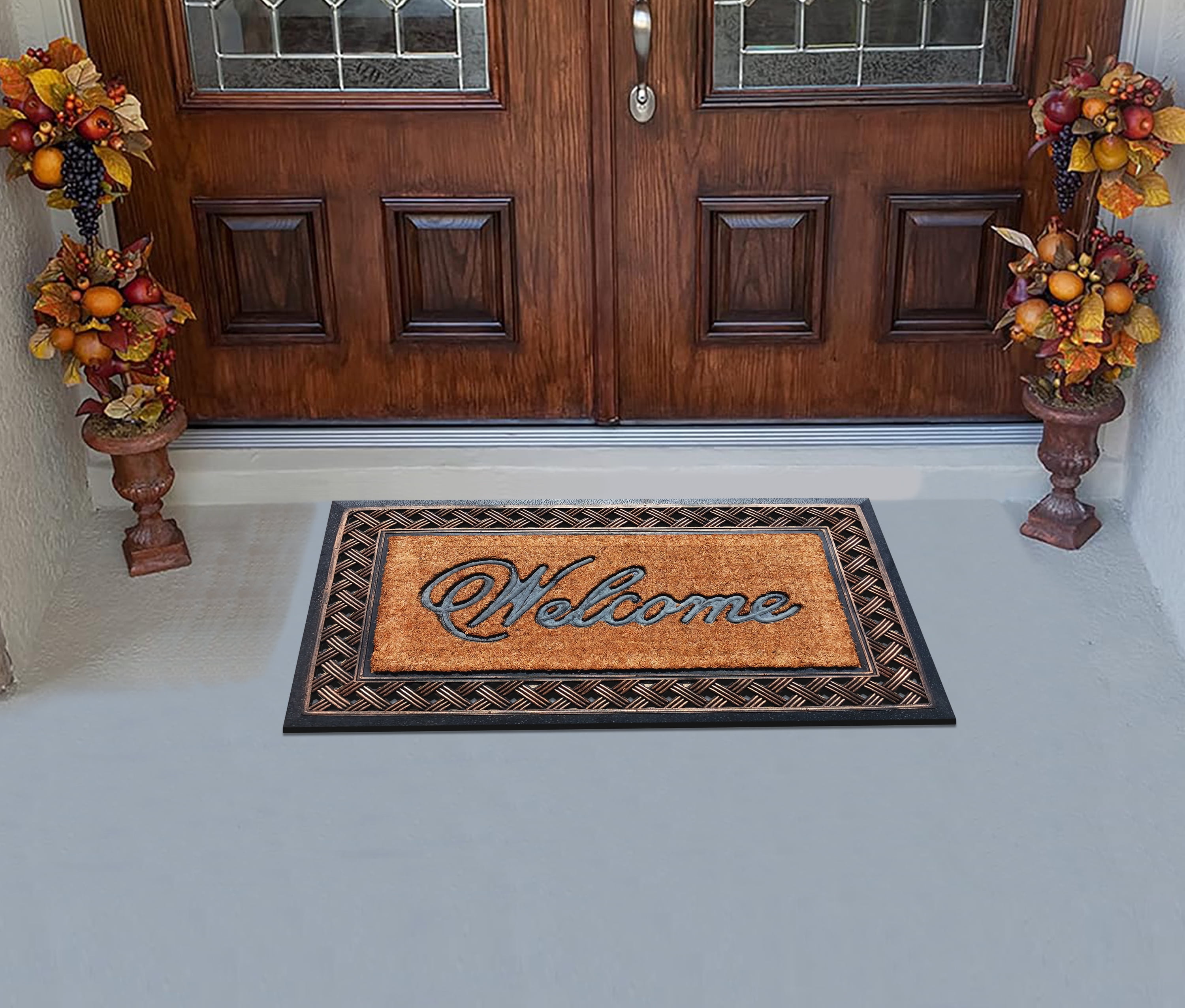 A1 Home Collections 38"×23" Natural Coir & Rubber Doormat - Decorative Welcome Design, Heavy Duty Coconut Fiber Entry Mat with Non-Slip Backing - Anti-Shed Treated, Low Profile Outdoor Front Door Mat