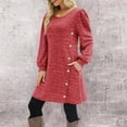thumbnail image 4 of WREESH Womens Fashion Long Puff Sleeve Dress Side Button Casual Solid Color Long Sleeve Round-Neck Calf Dress Pullover Red, 4 of 8