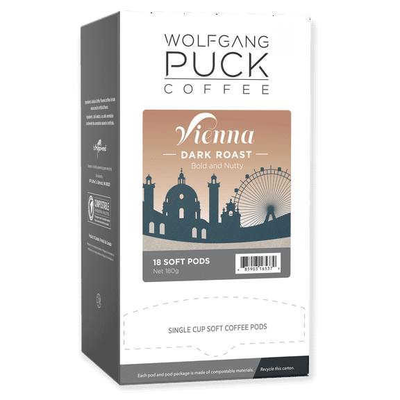 Wolfgang Puck Soft Coffee Pods, Vienna House Coffee, 9.5 Gram, 18 Count (Pack of 1)