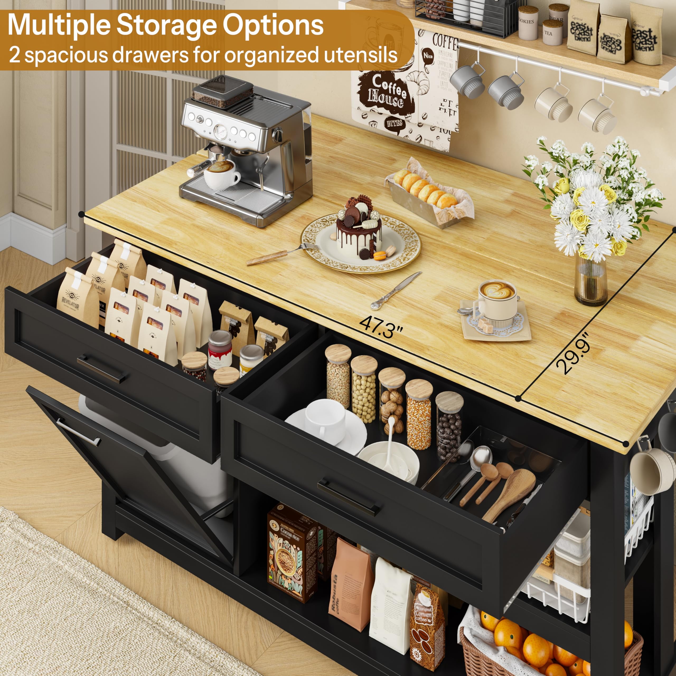 ChicZhiNest Kitchen Island with Seating Include 2 Stools, 47" Solid Rubberwood Dining Table with Power Outlet, 6 Hooks, Kitchen Bar Table Set with 2 Drawers & Open Shelves Storage Cabinet, Black