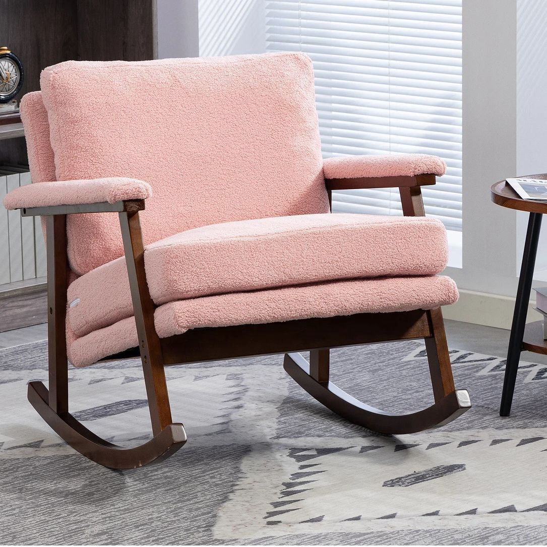 Euroco Mid Century Modern Rocking Chair Nursery, Teddy Upholstered Accent Chair with Solid Wood Frame,Glider Rocker Reading Armchair for Living Room Bedroom,Light Pink