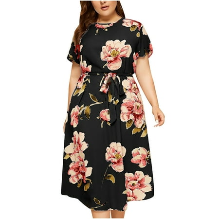 

LWZWM Women s Casual Dresses Office Dress Large Loose O-Neck Short Sleeve Floral Printed Waist Chiffon Dress Nightgown Dress Modest Dress Kawaii Dress Graduation Dress Fairy Dress