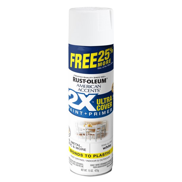 White, RustOleum American Accents 2X Ultra Cover SemiGloss Spray Paint 25 More Bonus Can, 15