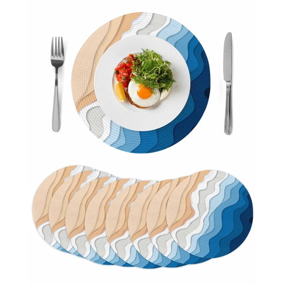 Blue Geometric Beach Round 15 Inch Placemats Set of 8, Ombre Waves Moire Abstract Art HeatResistant Non Slip Place Mats for Dining Table, Wipeable Braided Kitchen Table Mats for Housewarming