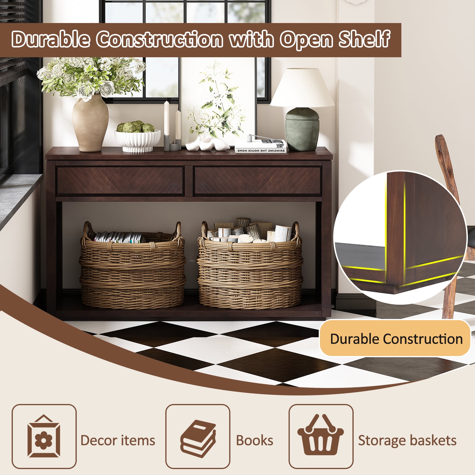 EUROCO 55" Long Console Table with 2 Drawers,Wooden Entryway Table with Open Storage Shelf, Sofa Table Behind Couch Foyer Tables for Living Room Hallway Entrance,Espresso