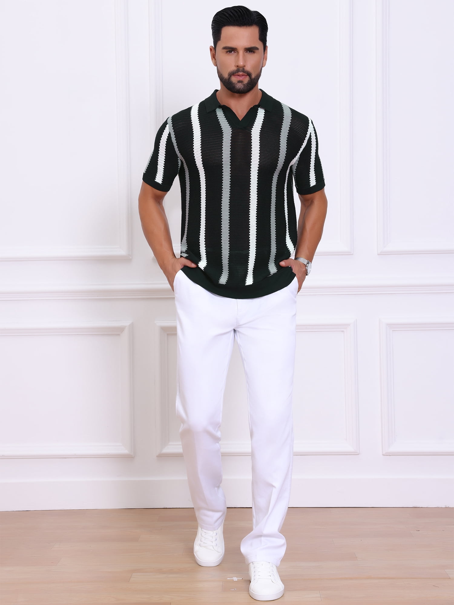 DARING DIVA Men's Hollow Knit Polo Shirt V Neck Short Sleeve Golf Polo Shirts S Black