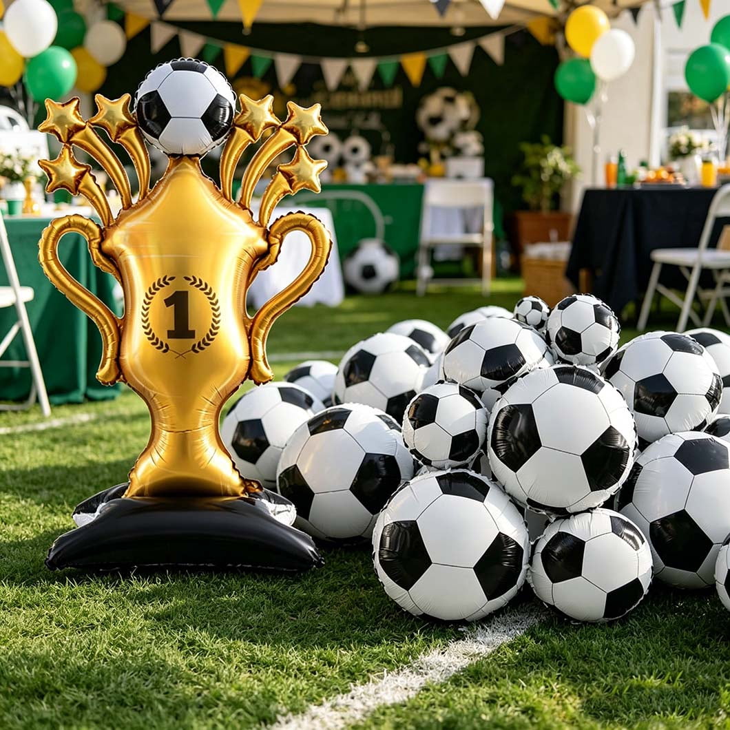 2Pcs Giant Soccer Balloons Champion Trophy Balloons Soccer Party Decorations Soccer League Champions Trophy Decor Sports Football Ball Fans Birthday Party Decoration