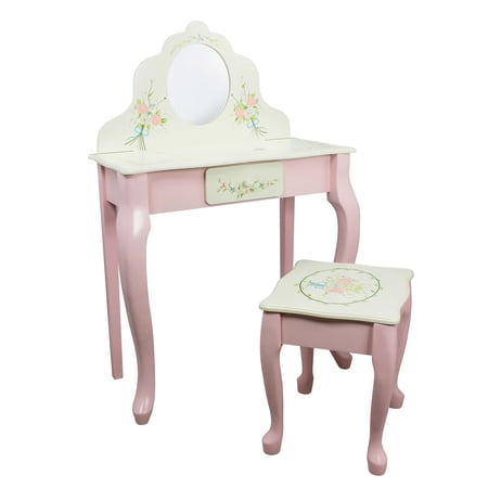 Fantasy Fields by Teamson Kids- Princess Floral Garden Wooden Play Vanity Table/ Makeup Dresser and Chair Set with Mirror  Pink/ White