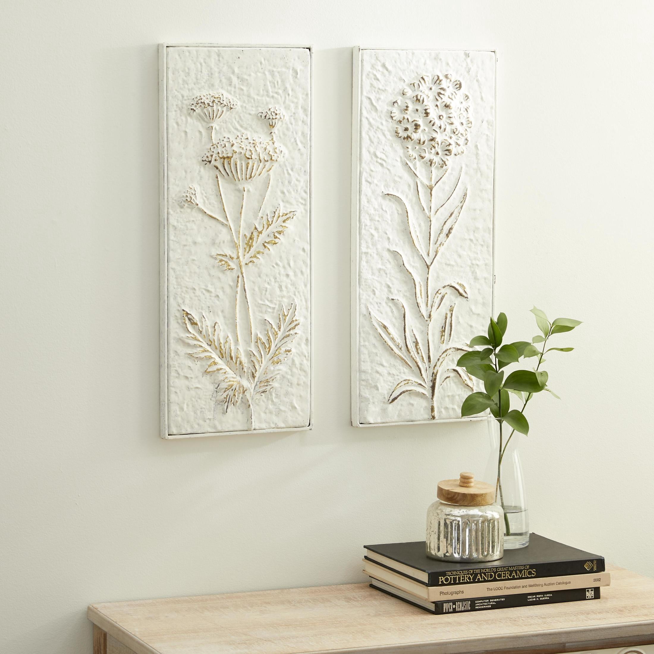 DecMode White Metal Panel Relief Floral Wall Decor with Gold Detailing (2 Count)