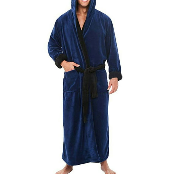Innerwin Dressing Gown Solid Color Men Wrap Robe Home Hooded Thicken Plush Bath Robes Blue Black 2XL