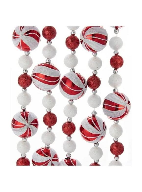 Kurt Adler Glitter Candy Ball Garland, Christmas Decoration Red and White 6 ft.