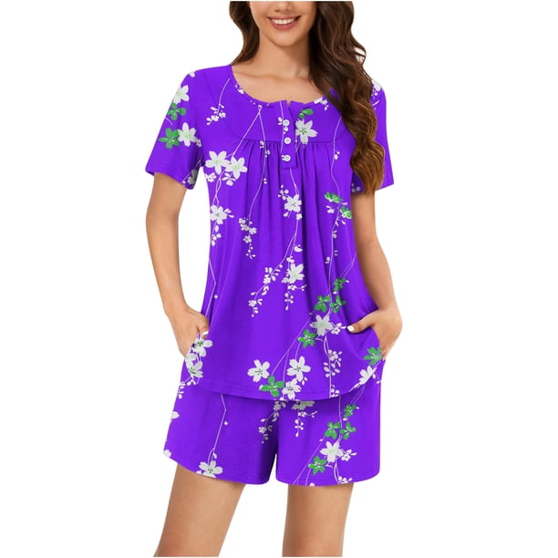 Conjunto de Ropa de Salón de las Mujeres Impreso Cuello Redondo Manga Corta Superior Y Pantalones, Ropa de Casa Suave Dos Piezas