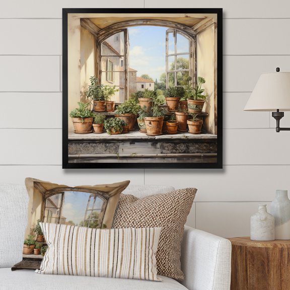 Designart "Charm of Italian Potteries Window" Farm Framed Wall Art Decor - Country Brown Farm Windows Living Room Framed Canvas Art