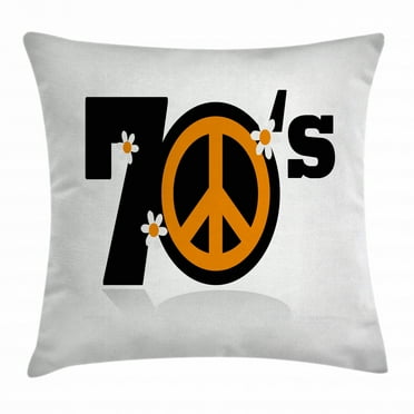 70s Party Decorations Throw Pillow Cushion Cover, Seventies Peace Symbol with Daisies Rock n Roll Art Print, Decorative Square Accent Pillow Case, 18 X 18 Inches, Black Marigold White, by Ambesonne