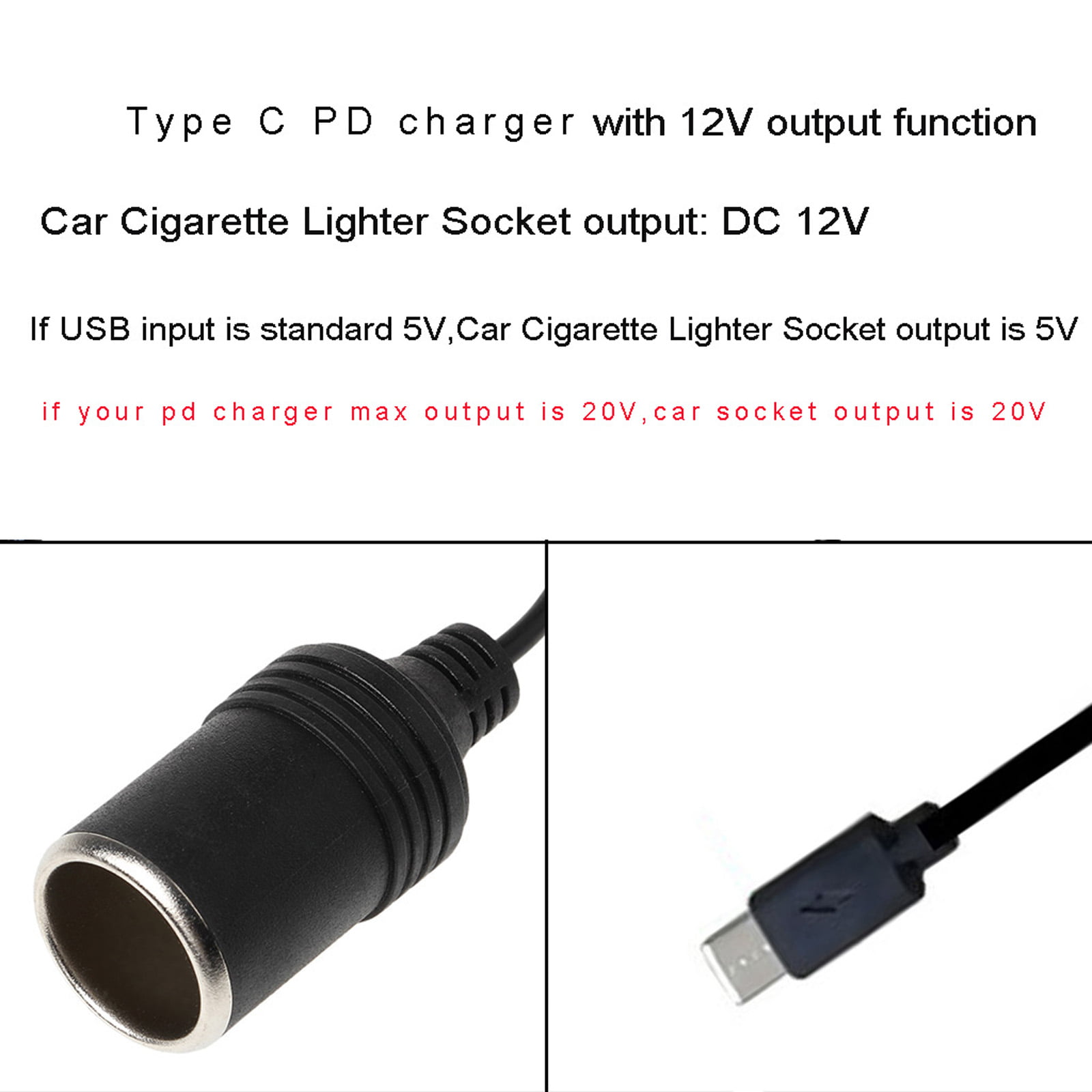 USB C PD Type C Male to 12V Car Cigarette Socket Female Step Up Cable