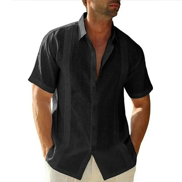 Sonducket Camisa de hombre Casual manga corta transpirable botón abajo Color sólido moda viajes citas camisas ropa Camisetas Negro L
