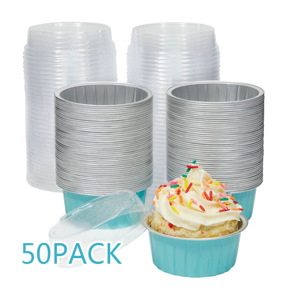 50Pcs 120ml Cupcake Liners with Lids Set, 5oz Reusable Aluminum Cupcake
