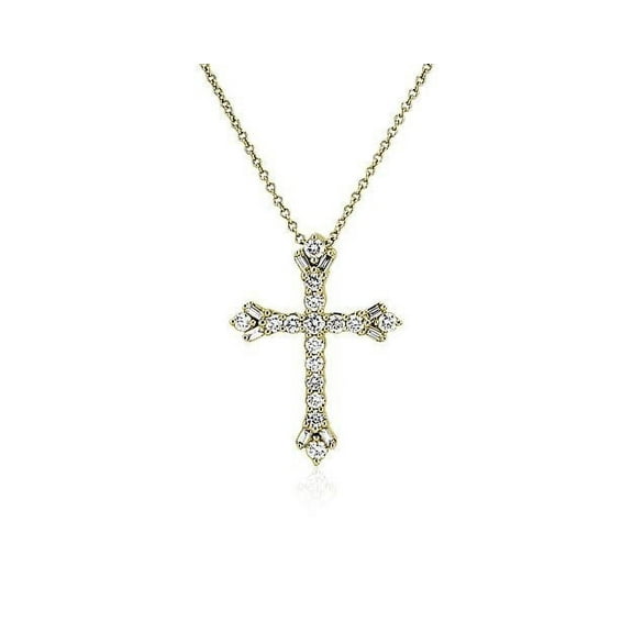 1.50 Carat Brilliant Round & Baguette Cut VS1 Genuine Diamond Beautiful Divine Cross Necklace for Women Solid 14K Yellow Gold With 18 inches chain