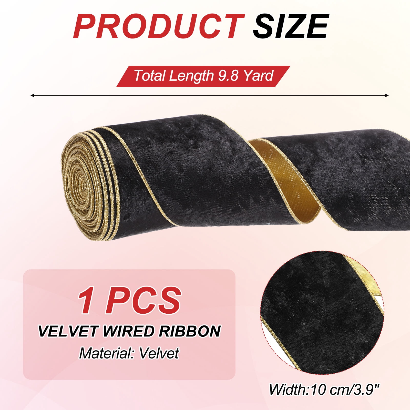 Uxcell 4" x 10 Yards Velvet Wired Gold Crushed Ribbon for Bow Decor Black