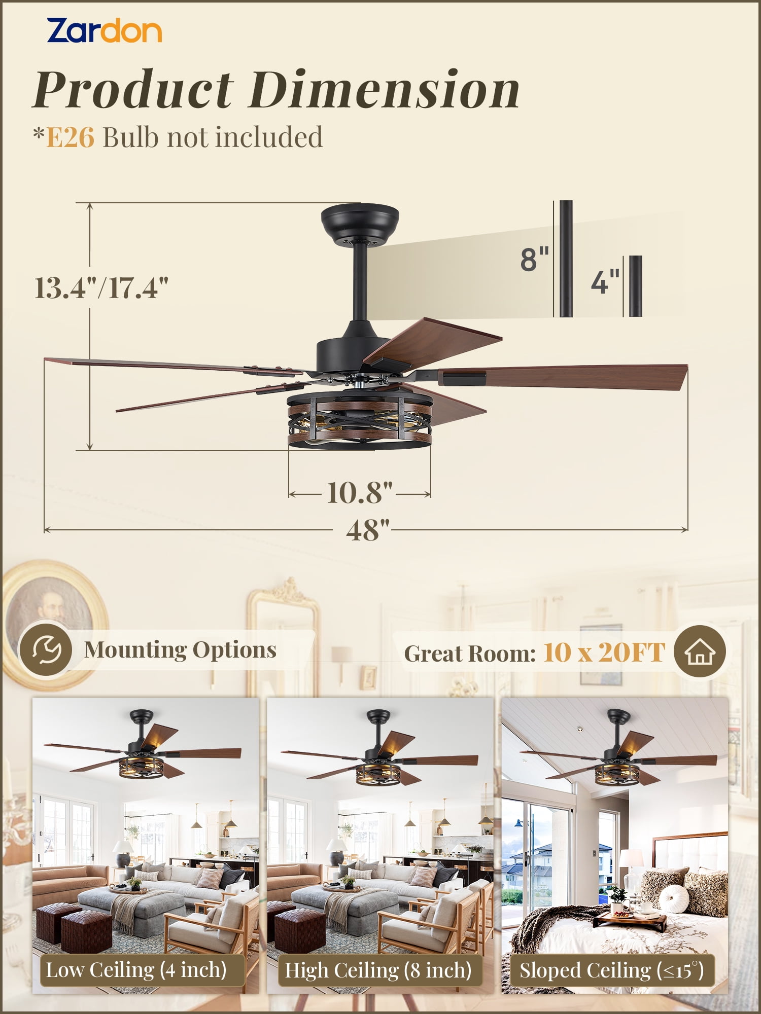 Zardon 48-Inch Ceiling Fan with Light and Remote, Industrial Farmhouse Style, 6-Speed Adjustable, Dual-Color Walnut Blades