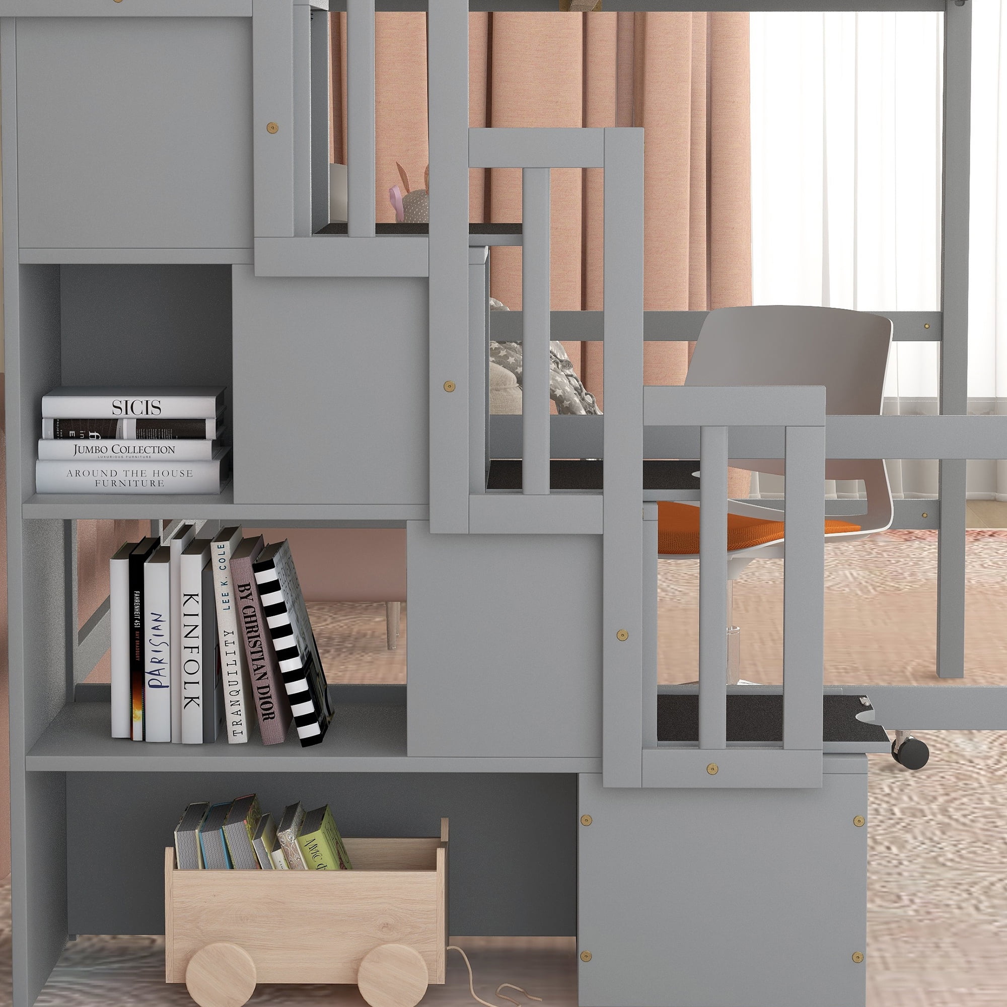 Leumius Full Size Loft Bed with Safety Guardrail, Wood Loft Bed with Desk, Storage Shelves and Staircase for Boys Girls Grey
