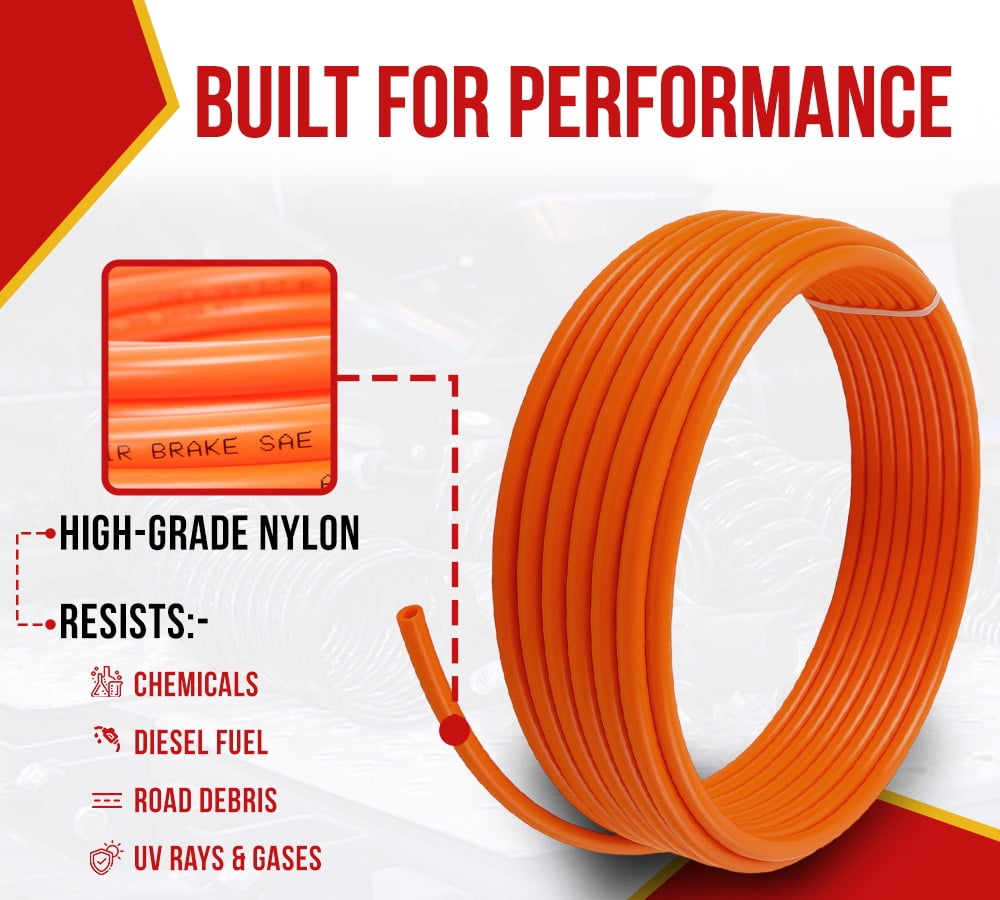 (2 Pack) 1/4" OD x 100' Orange SAE J844 Nylon Air Brake Tubing DOT Approved | Pneumatic Nylon Air Line Hose for Air Brake System