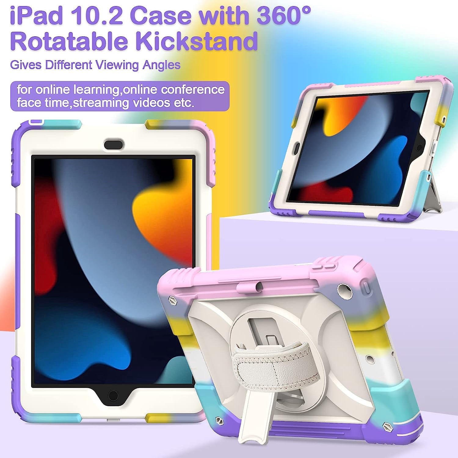 SUPNICE iPad 9th/8th/7th Generation Case, iPad 10.2 Case,Shockproof 360 Rotating Stand Hand Strap Pencil Holder Kids Case for iPad 10.2 inch 2021/2020/2019 - Rainbow