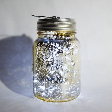 Mason Jar Hanging Lanterns Fantado Wide Mouth Gold Mercury Glass Mason Jar Light w/ Hanging Cool White Fairy LED Kit by PaperLanternStore (Battery Powered) ()