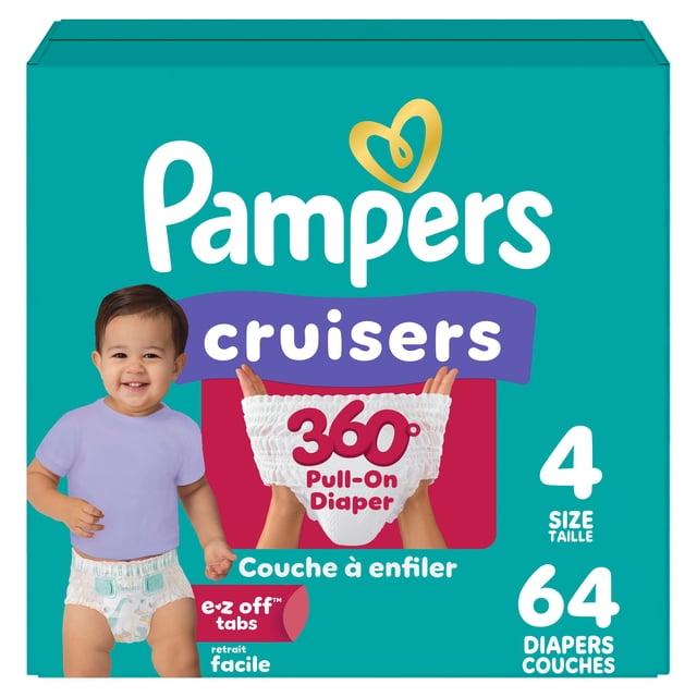Pampers Diapers - Cruisers 360° - Size 4, up to 100% Leakproof Fit, Designed for Active Babies, Pull On Diaper, EZ Off Tabs Designed for Easy Changes